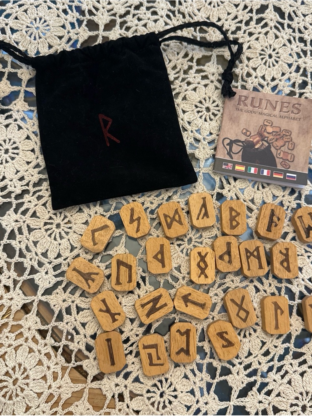 Runes Wooden Divination Set with Black Velvet Pouch